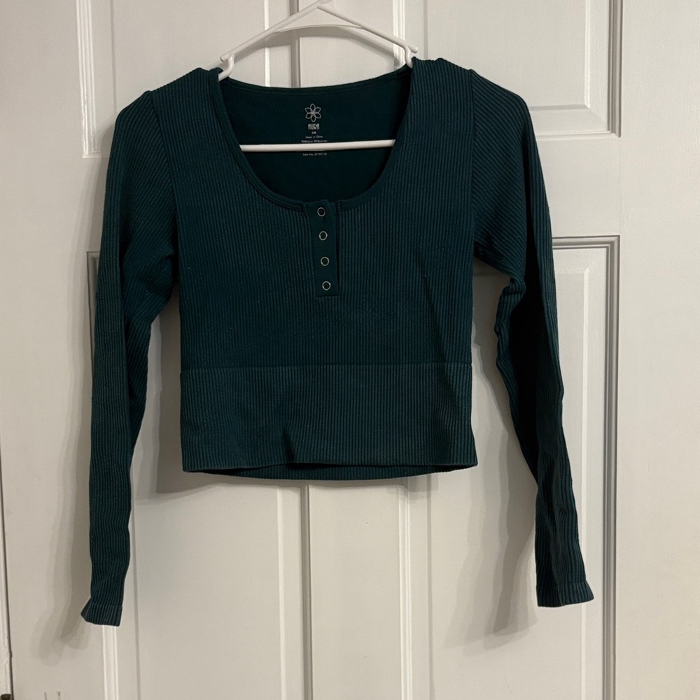 Aura Dark Green Long Sleeve Top with Button Accents